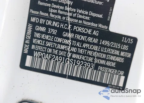 2016 Porsche 911 Gt3 Rs z USA, uszkodzony, nr VIN WP0AF2A91GS192393